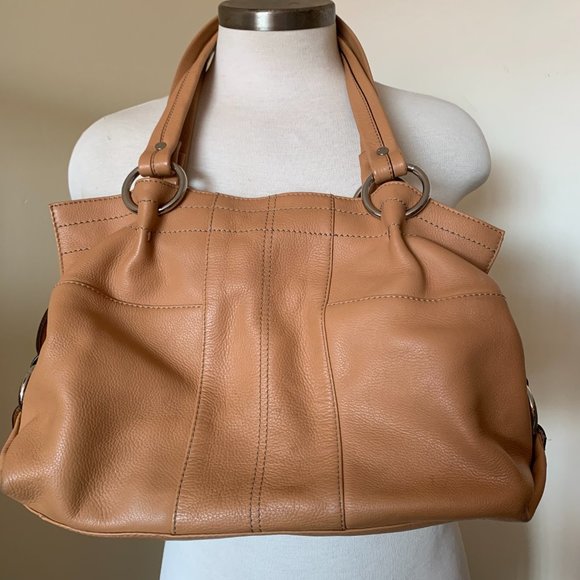 Tignanello LEATHER  Satchel HANBAG BAG PURSE CAMEL COLOR TWO HANDLES - Picture 3 of 9